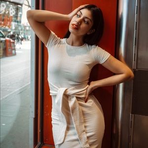 Belted Ribbed Short Sleeve Jersey Dress